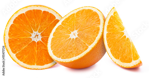 Perfectly retouched orange slices isolated on white background with clipping path