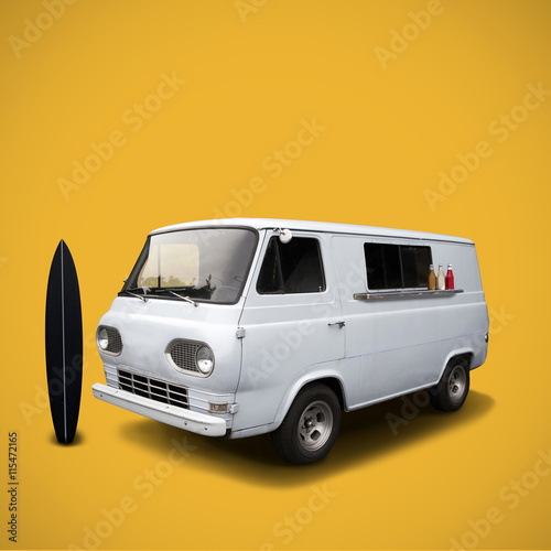 White fast food truck on yellow background template