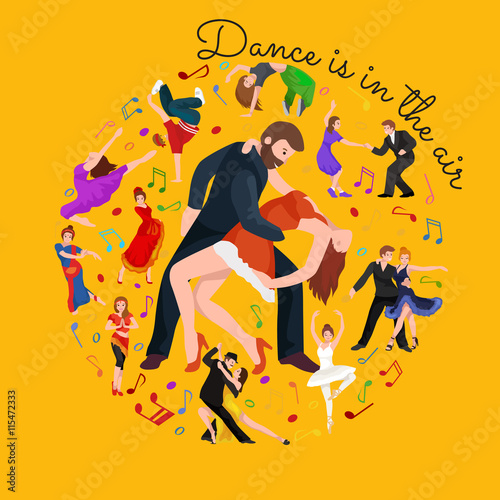 Couple dancing Kizomba in bright costumes. Vector illustration of partners dance bachata, happy peoples man and woman ballroom dancing poster, Bachata, roomba salsa latino dancer concept for poster