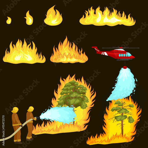 Firefighters in protective clothing and helmet with helicopter extinguish with water from hoses dangerous wildfire.Man fighter and rescue helicopter put out the fire in forest landscape damage vector