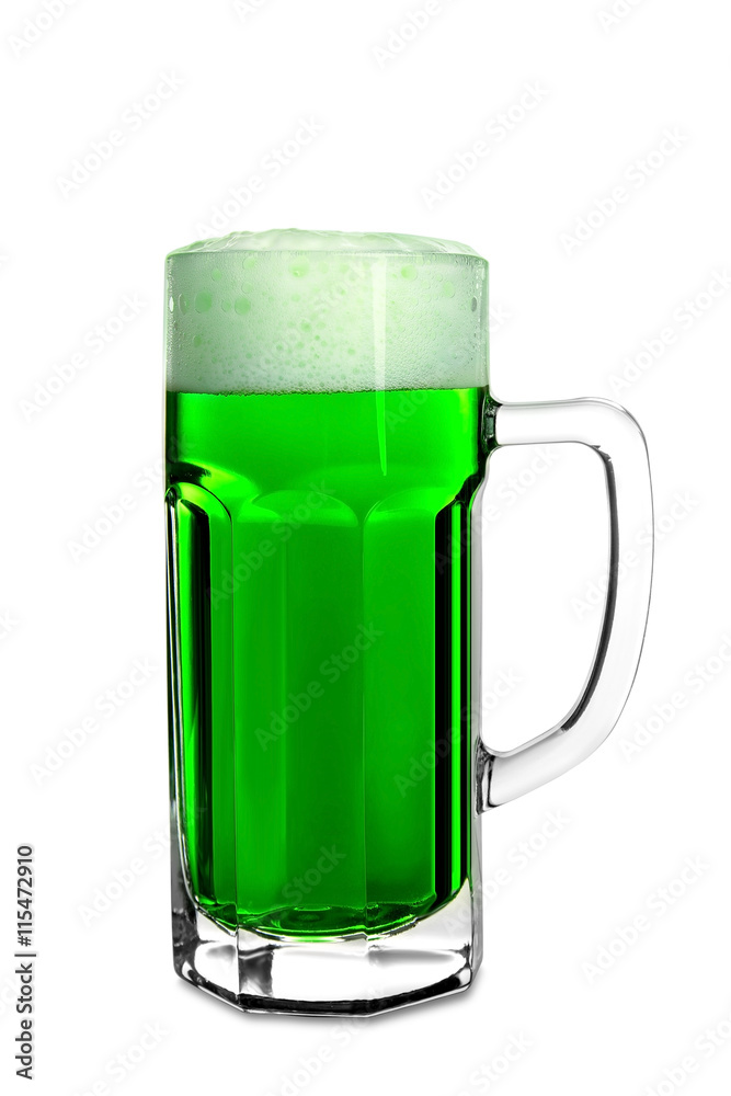 Glass of green beer with handle on white background Glass of green beer with handle on white background