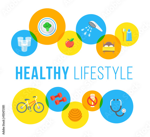 Healthy living flat vector banner. Healthcare and wellness lifestyle background. Regular exercises, daily physical activity, good food, sleep, hygiene, medical exam icons. Fitness infographic elements
