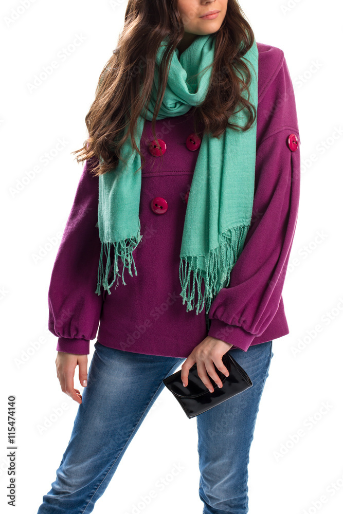 Lady in short purple coat. Wallet and scarf with fringe. Accessory from limited collection. Spring scarf of bright color. Lady in short purple coat. Wallet and scarf with fringe. Accessory from limited collection. Spring scarf of bright color.