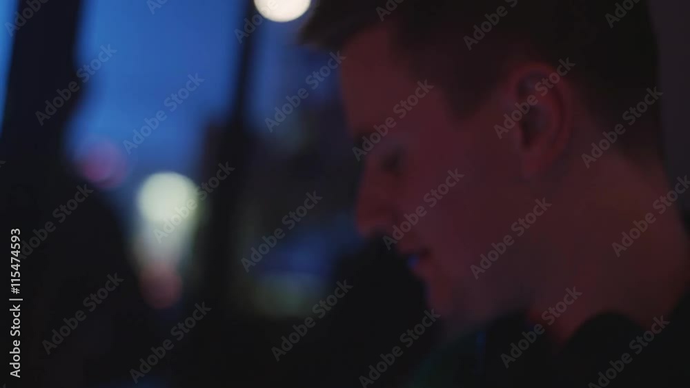 Face of Dj speak with man at turntable on party in nightclub. Mixing. Equipment. Holidays Face of Dj speak with man at turntable on party in nightclub. Mixing. Equipment. Holidays