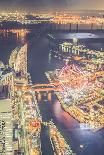 Aerial night view of Yokohama Cityscape at Minato Mirai waterfro photo