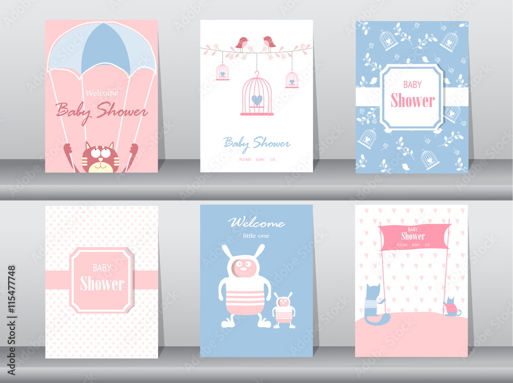 Plakat Set of baby shower invitation cards,poster,template,greeting cards,animals,cats,birds,Vector illustrations