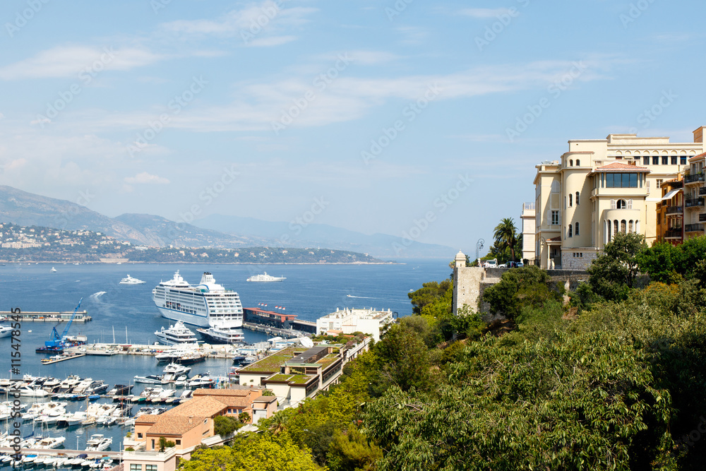 Monte Carlo harbor with the ancient Prince's Palace of Monaco, luxury yachts in the water, and the city skyline