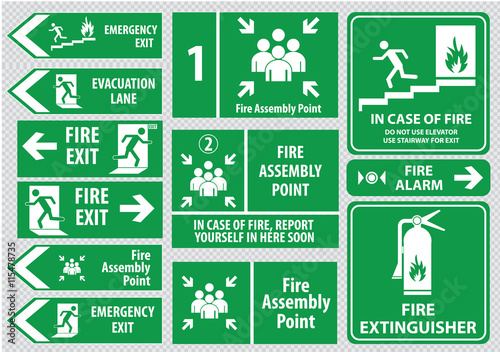 Set of emergency exit Sign (fire exit, emergency exit, fire assembly point, evacuation lane).