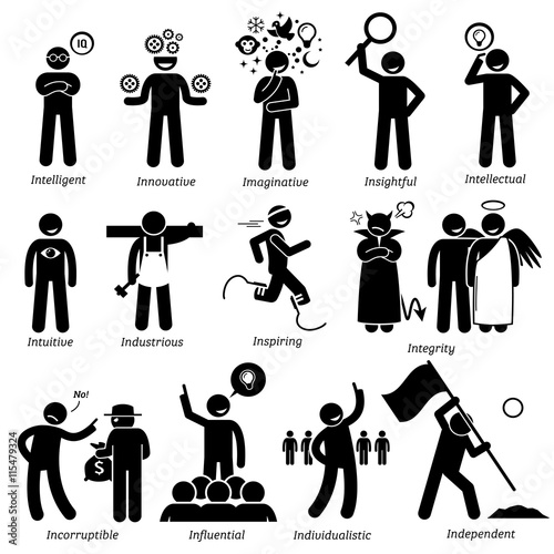Positive Personalities Character Traits. Stick Figures Man Icons. Starting with the Alphabet I.