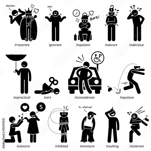 Negative Personalities Character Traits. Stick Figures Man Icons. Starting with the Alphabet I.