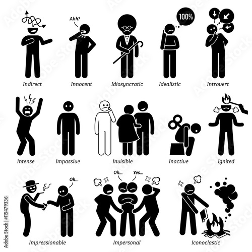 Neutral Personalities Character Traits. Stick Figures Man Icons. Starting with the Alphabet I. photo