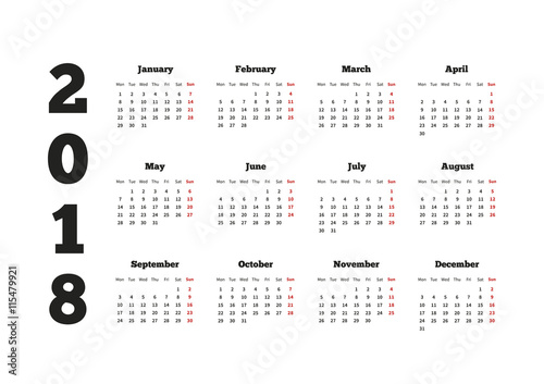 Calendar on 2018 year with week starting from monday, A4 sheet