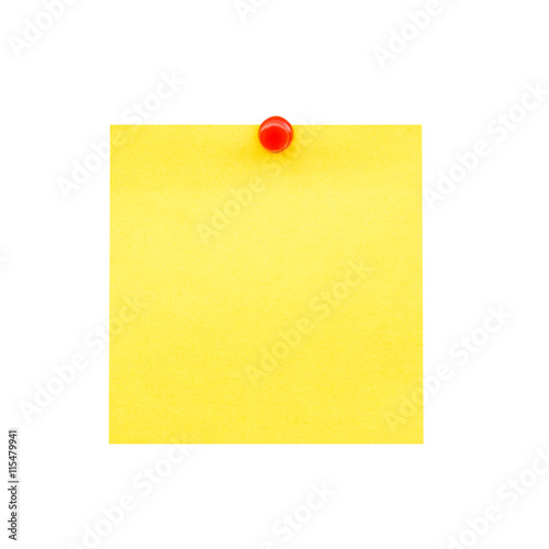 Sticky yellow blank note and pin on isolated with clipping path.