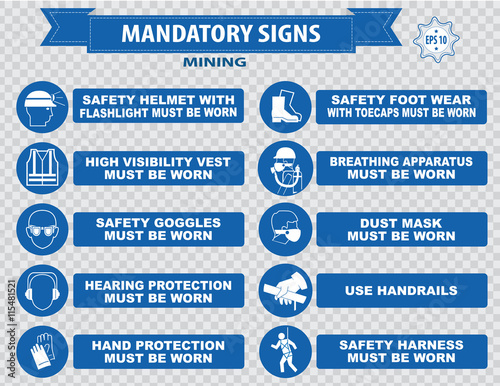 Mining mandatory sign (safety helmet with flashlight must be worn, use 
handrails, dust mask, breathing apparatus, goggles, hearing protection, 
fasten seat belts, sound horn)