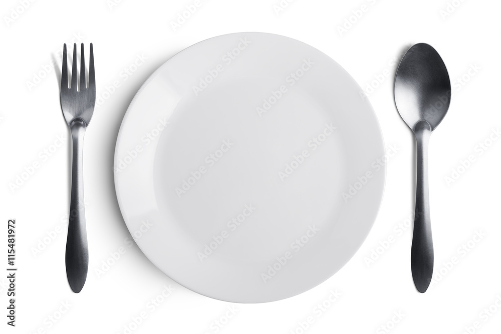 White plate with silver fork and spoon with clipping path White plate with silver fork and spoon with clipping path