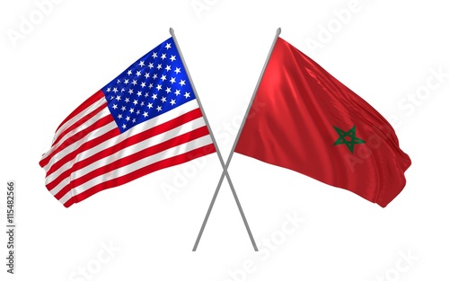 3d illustration of USA and Morocco flags together waving in the wind