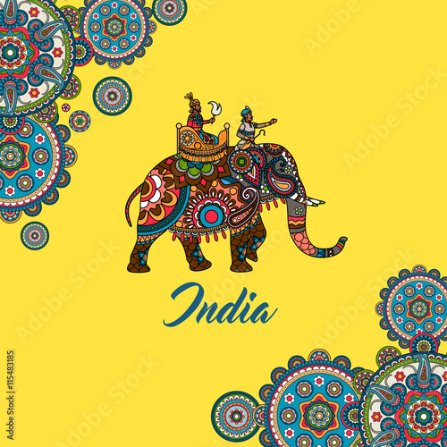 Indian maharaja sitting on elephant decorated mandala ornament. Vector illustration