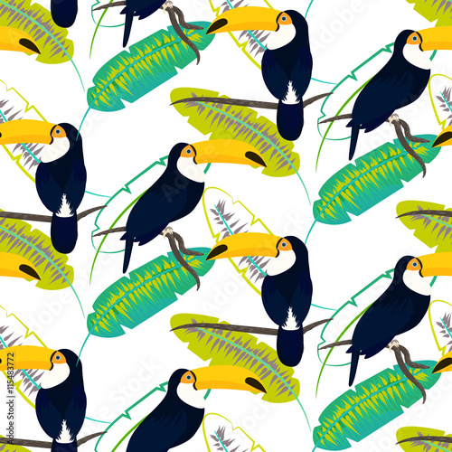 Toco toucan bird on banana leaves seamless vector pattern on white background. Tropical jungle leaf and exotic bird sitting on branch.