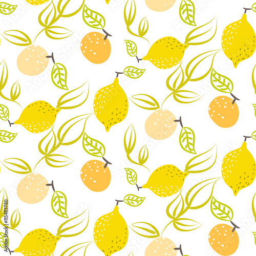 Fototapeta Naklejka Na Ścianę i Meble -  Yellow lemon with leaves vector seamless pattern. Citrus fruits on white background summer fresh design for textile and apparel.
