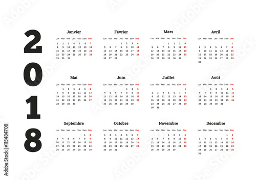 Simple calendar on 2018 year in french language