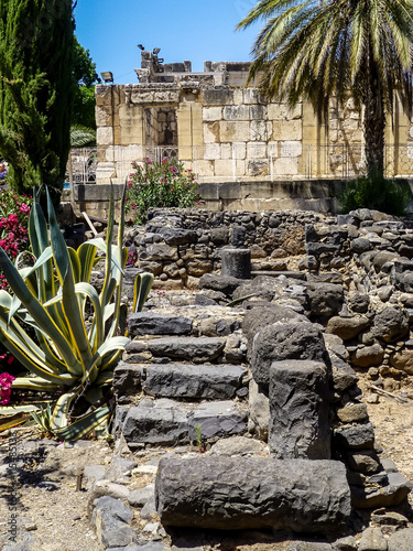 Archaeological site Capernaum, ruins of homes and synagogue, Sea of Galilee in Israel