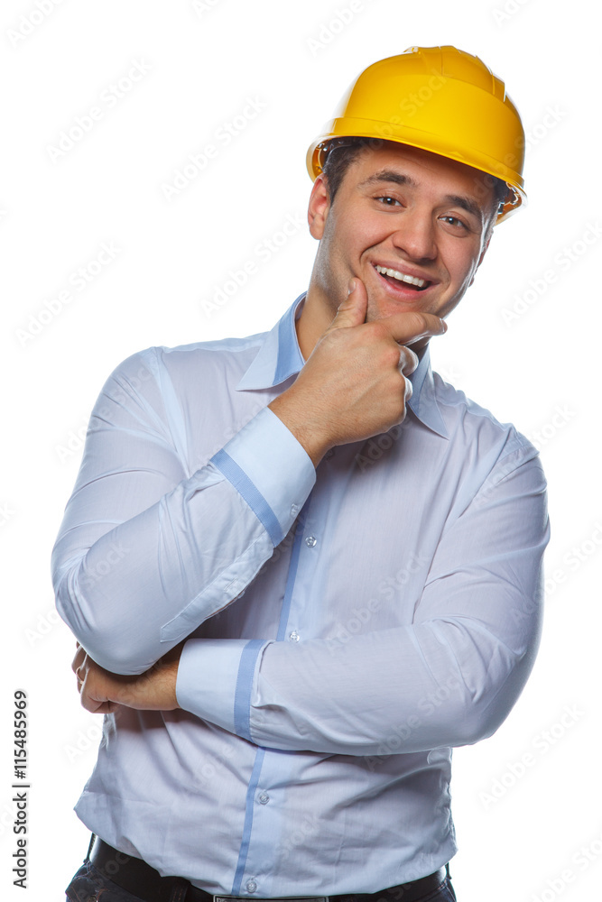 Portrait of positive worker male in yellow safe helmet. Portrait of positive worker male in yellow safe helmet.