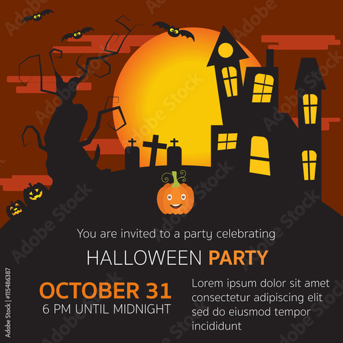 Halloween party invitation horror house,grave yard,pumpkins,old