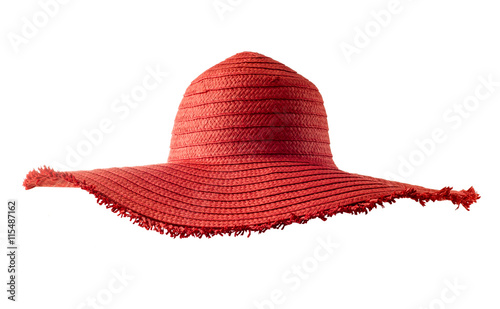 Woman`s summer red straw hat isolated on white background