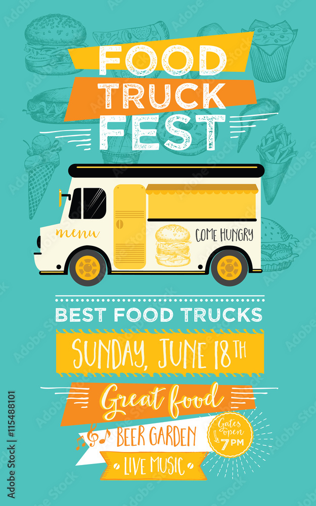Food truck party invitation. Food menu template design. Food flyer