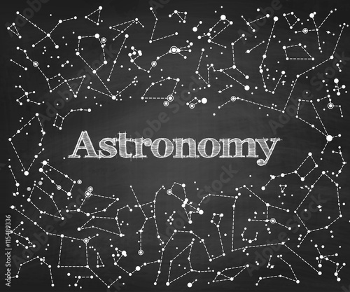 Constellations vector pattern with word Astronomy. Scientific vector school blackboard background