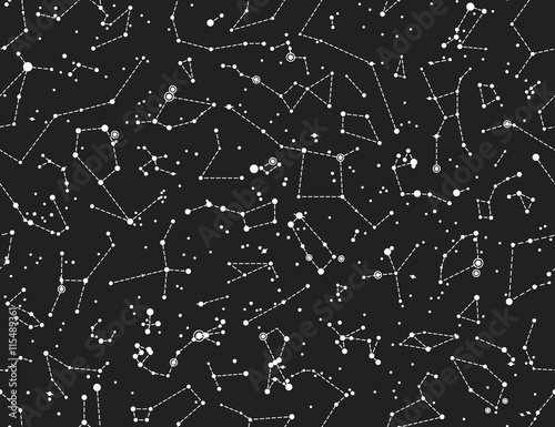 Tapety Bezszwowy wektoru wzór z gwiazdozbiorami na czarnym tle. Astronomiczny naukowej szkoły wzór na tablica tło