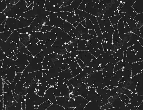 Tapety Bezszwowy wektoru wzór z gwiazdozbiorami na czarnym tle. Astronomiczny naukowej szkoły wzór na tablica tło