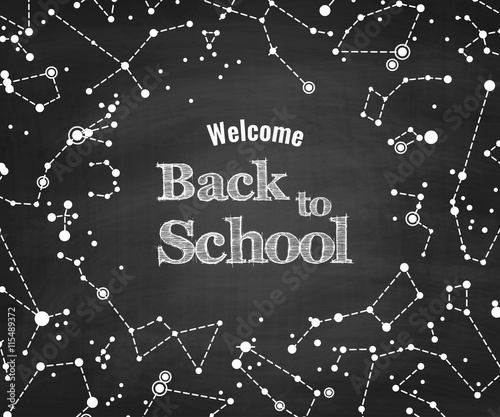 Constellations vector pattern with words Back to School on blackboard. Scientific vector background