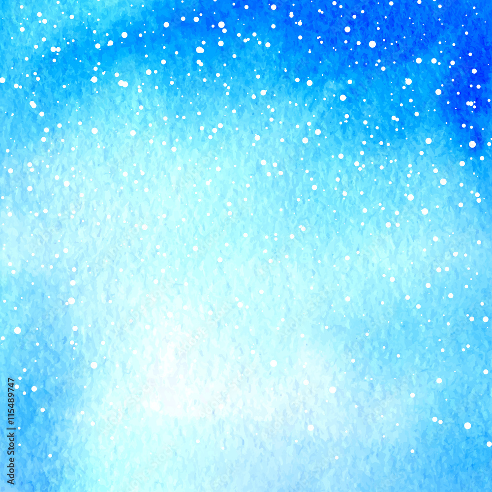 Light blue vector winter falling snow watercolor hand drawn paper grain textured background. Merry Christmas and happy new year greeting card template