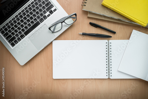 High angle view of a setting table of business workplace, shot in office, home work space