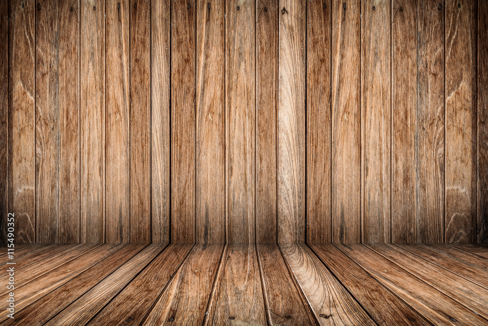 empty room with old vintage wooden wall and wooden floor. room interior  vintage wall and wood floor background Stock Photo | Adobe Stock