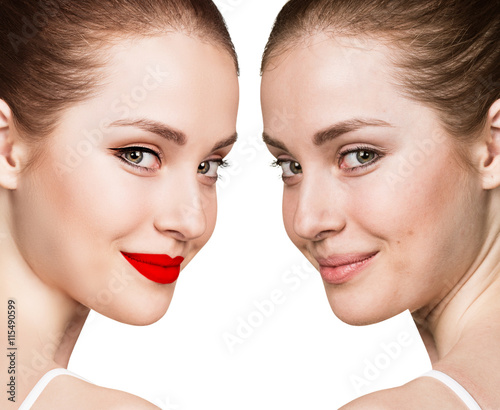Portrait of woman with and without makeup