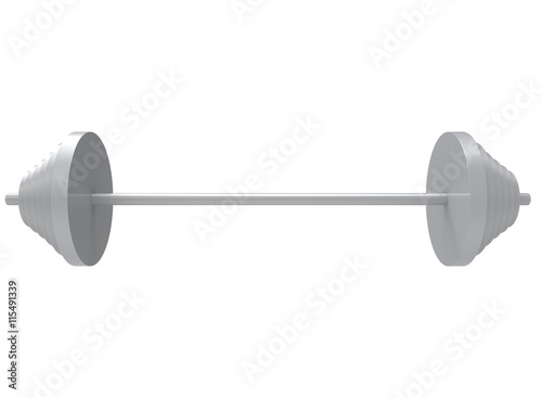  3d illustration of barbell. icon for game web. white background isolated. thing for weightlifting. metal color
