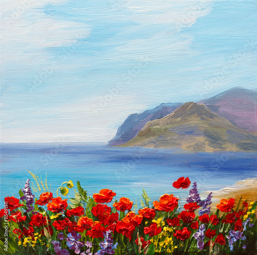 poppy field near the sea, colorful coast, art oil painting