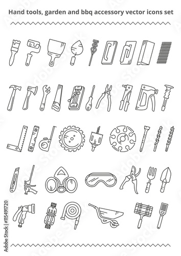 Vector outline icons set hand tools, garden and bbq accessory