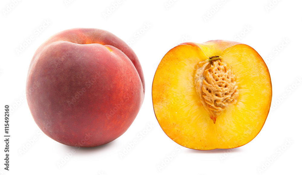Peache with half isolated on white background Peache with half isolated on white background