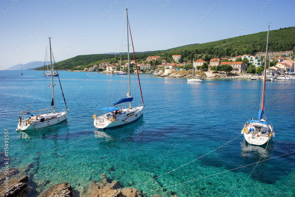 Boats in the port of Fiscardo in Kefalonia, Ionian Islands, Greece