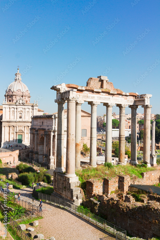Forum - Roman famous ruins in Rome at sunny day, Italy, vertival shot