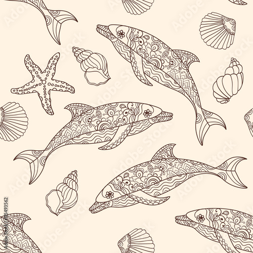 Vector seamless dolphin pattern with hand drawn  doodle illustrations.