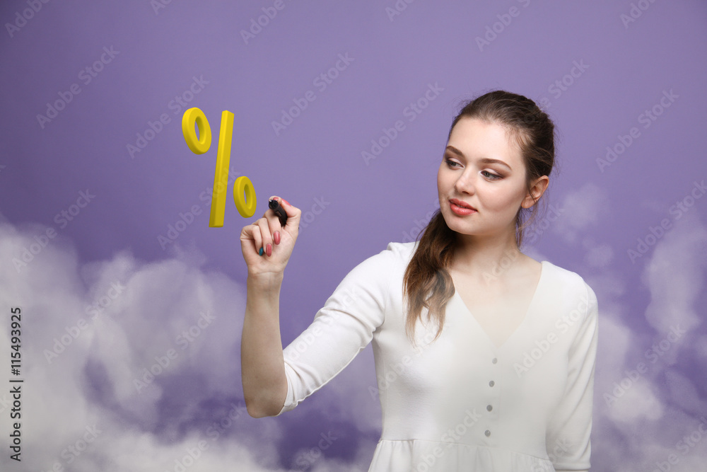 Woman showing symbol of percent. Bank Deposit or Sale concept. Woman showing symbol of percent. Bank Deposit or Sale concept.