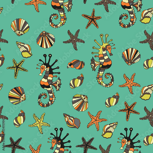 Seamless pattern with sea shells, starfish and  horse.