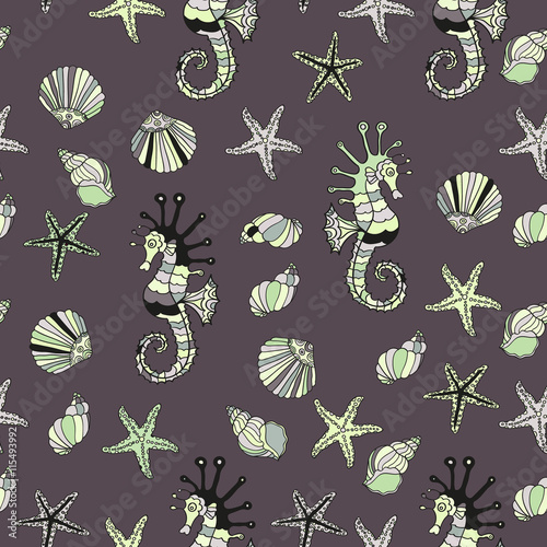 Pattern with sea shells, starfish and  horse