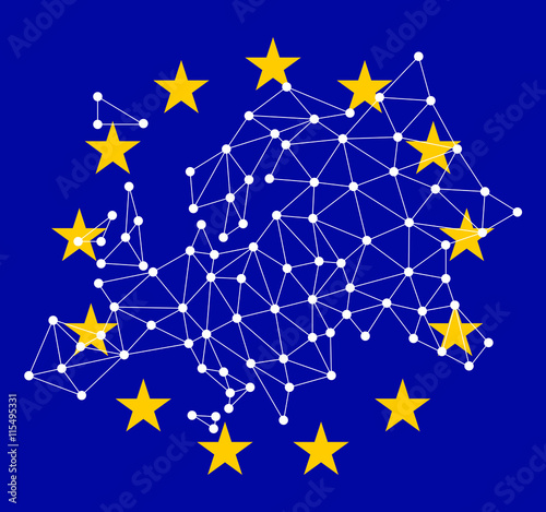 Polygonal map of Europe with dots and lines on background EU flag, network connections