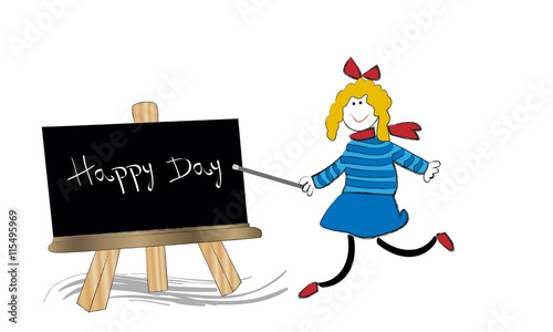 Niña feliz y pizarra con happy day.