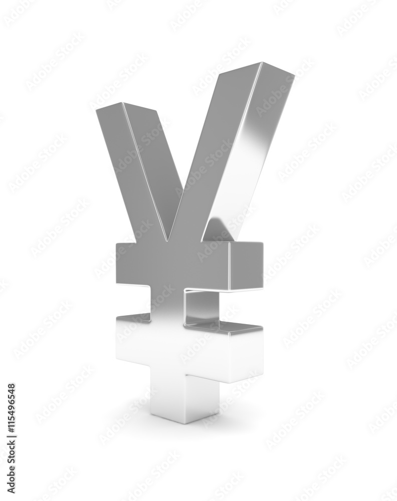 Obraz premium Isolated silver yen yuan sign on white background. Chinese japanese currency. Concept of investment, asian market, savings. Power, luxury and wealth. 3D rendering.